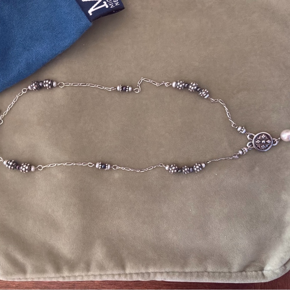 Silver-Tone Beaded Long Necklace with Filigree Medallion